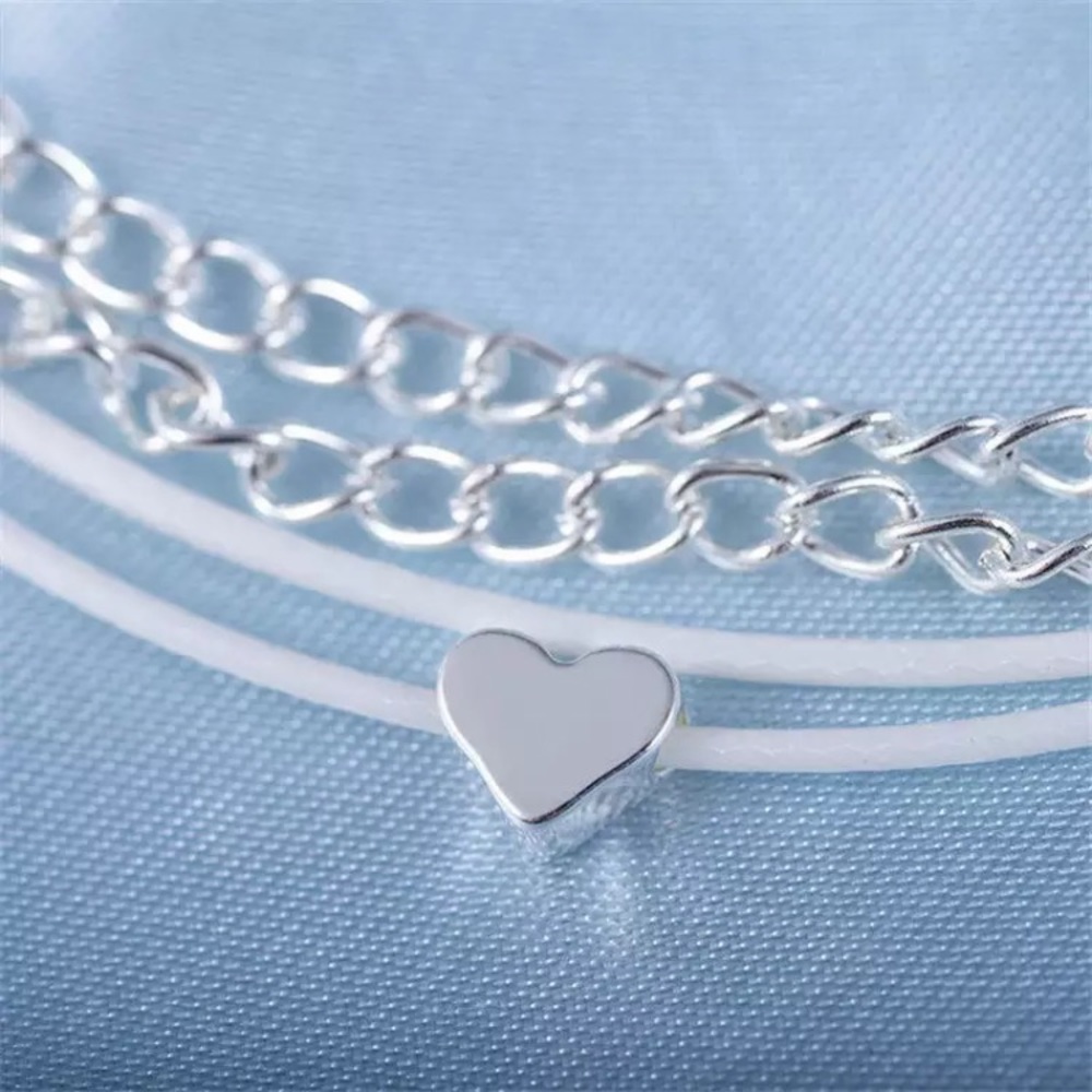 🔴𝟭𝟬/$𝟮𝟱🔴NEW 4 Layered Silver Heart White Cord Anklet - Picture 5 of 12